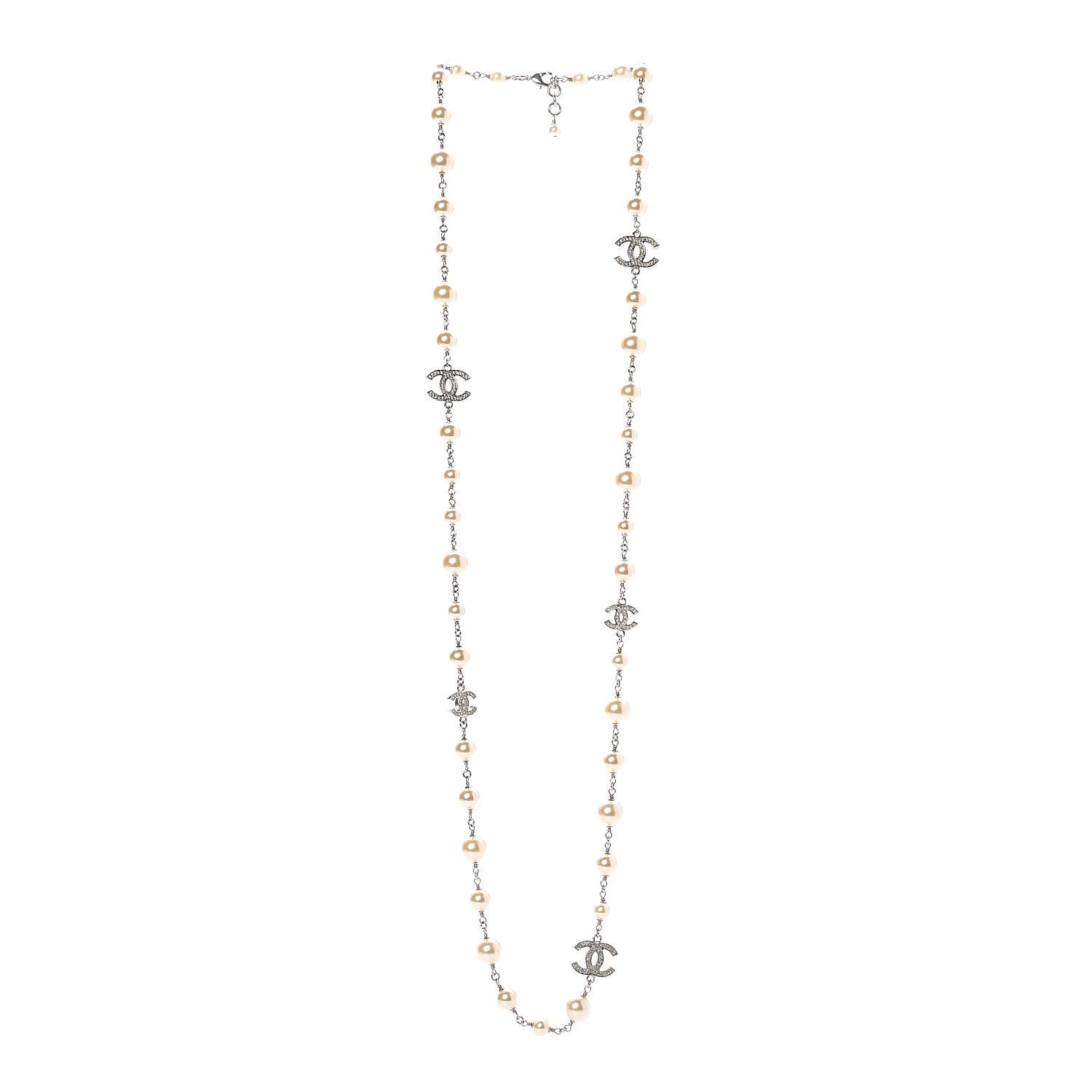Chanel Crystal Pearl CC Long Necklace Silver 3 of 6