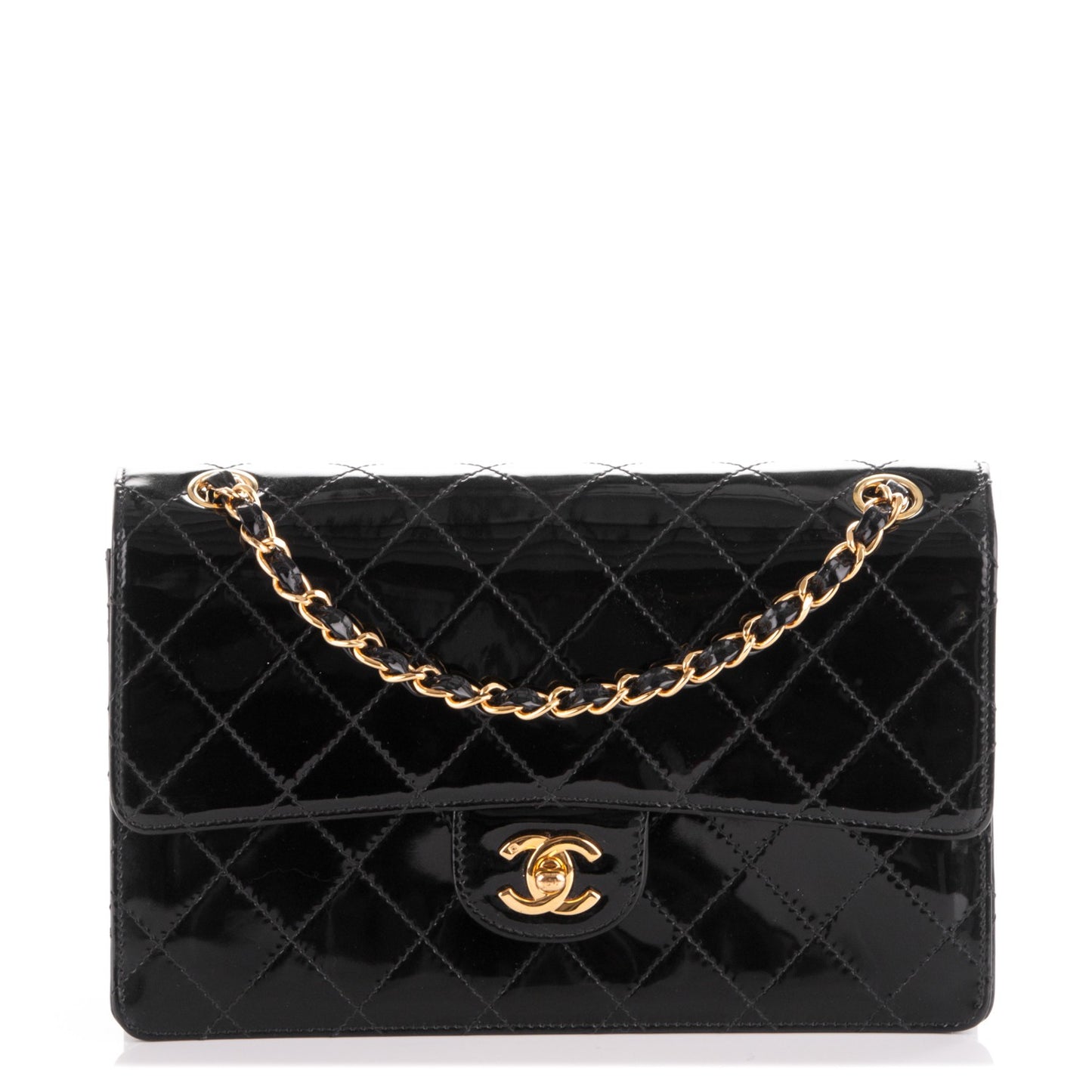 Patent Quilted Medium Single Flap Bag Black