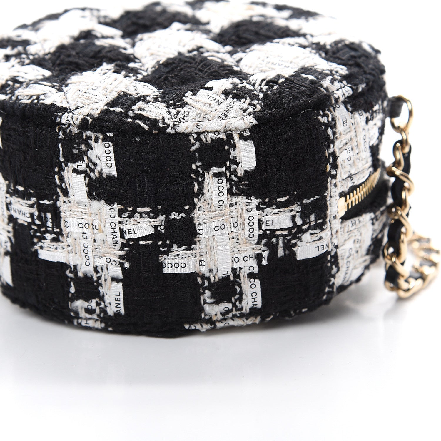 Chanel Tweed Quilted Round Clutch With Chain Black Ecru White 9 of 10