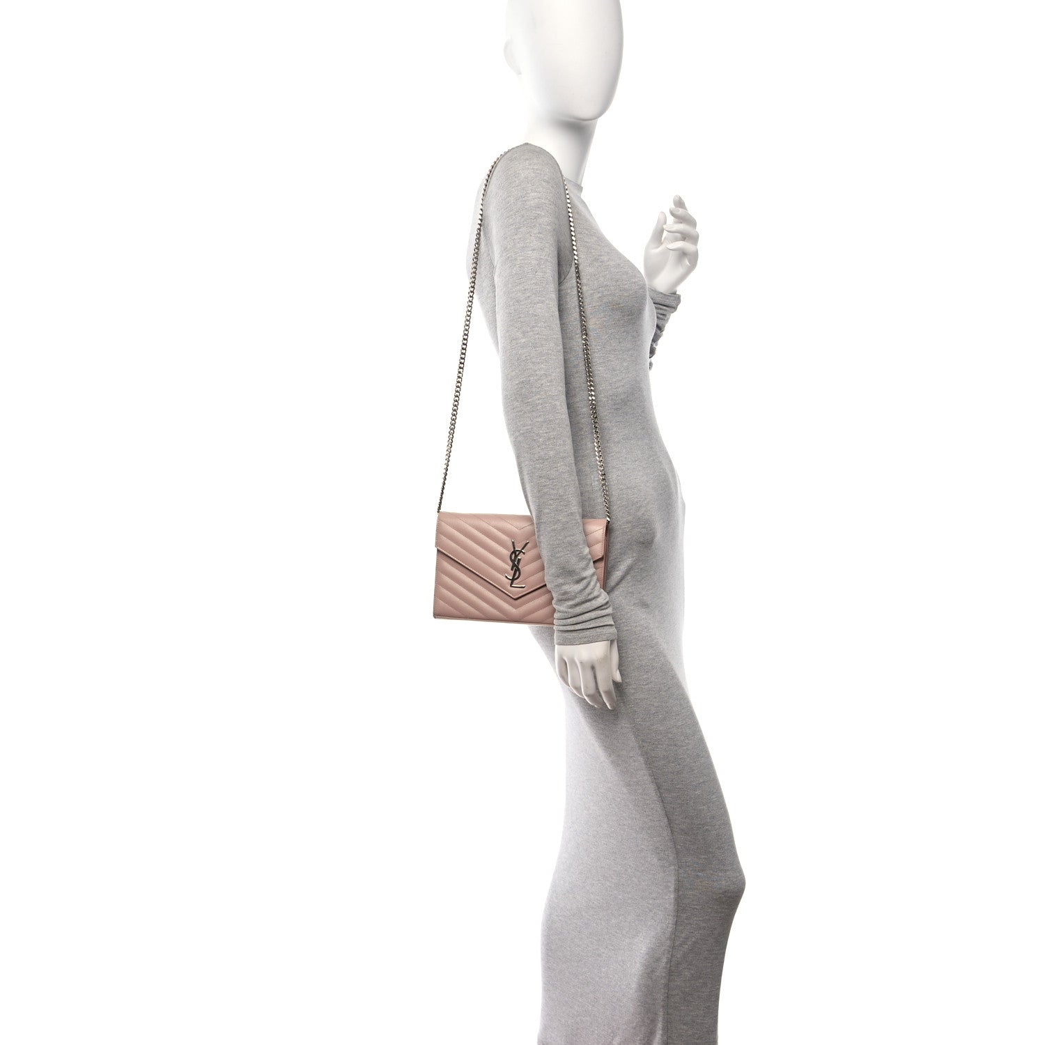 Saint Laurent Grain De Poudre Matelasse Chevron Monogram Chain Wallet Pale Pink 2 of 10