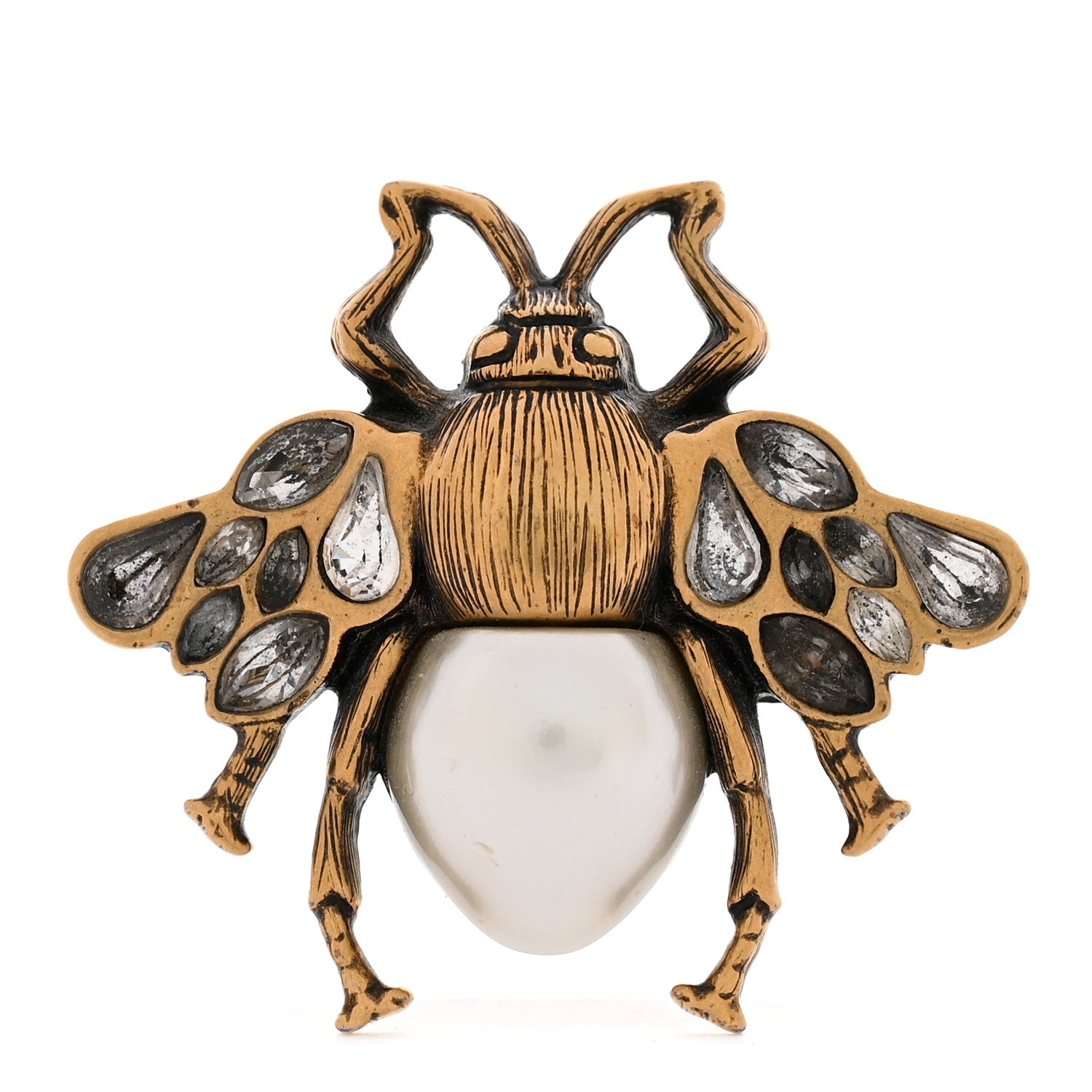 Gucci Metal Crystal Pearl Bee Ring M 56 7.5 Aged Gold 1 of 6