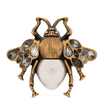 Gucci Metal Crystal Pearl Bee Ring M 56 7.5 Aged Gold 1 of 6