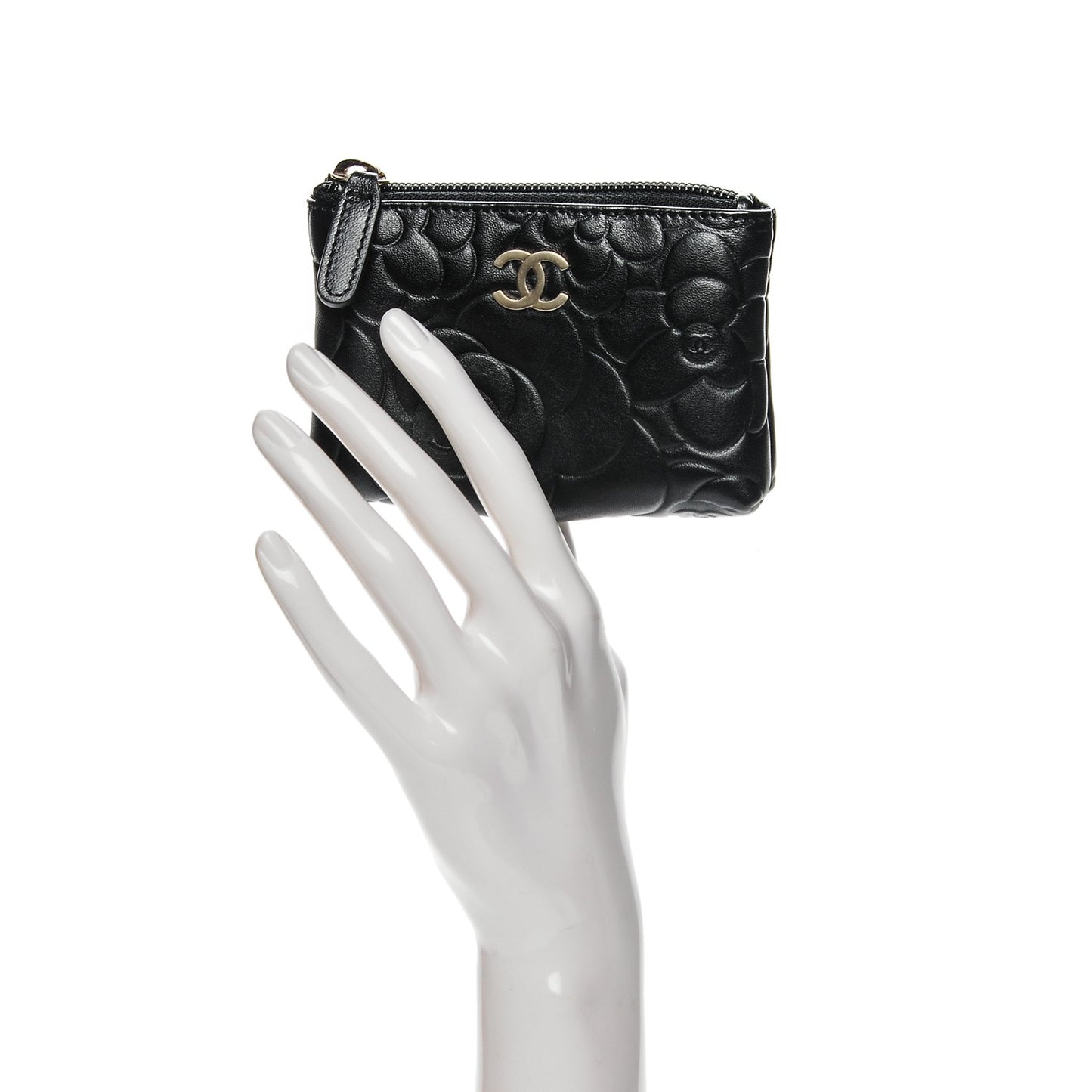 Lambskin Camellia Embossed Key Holder Case Black