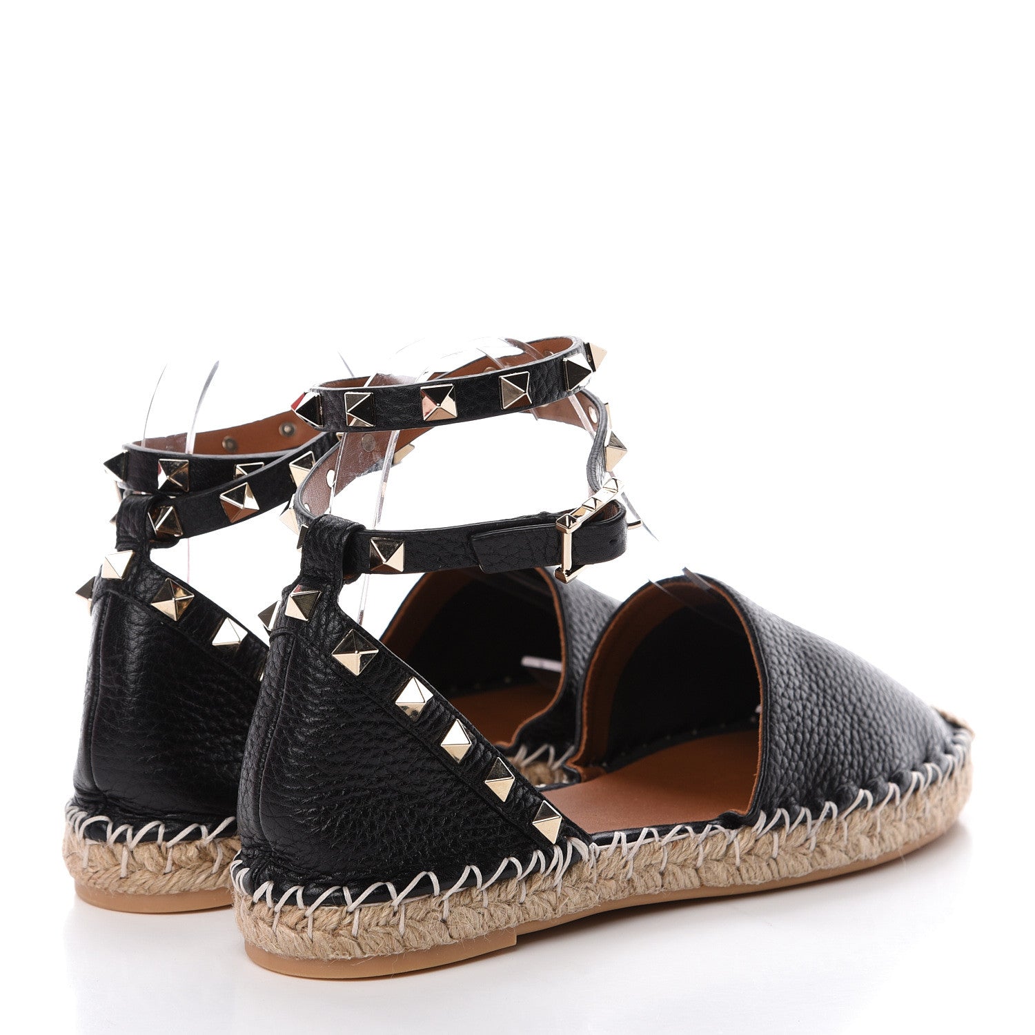 Valentino Garavani Grained Calfskin Rockstud Ankle Wrap Espadrille 20mm Flats 36 Black Light Cuir Natural 4 of 8