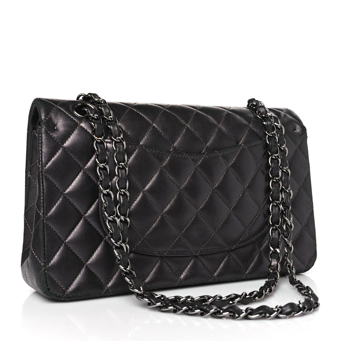 Metallic Lambskin Quilted Medium Double Flap Pewter