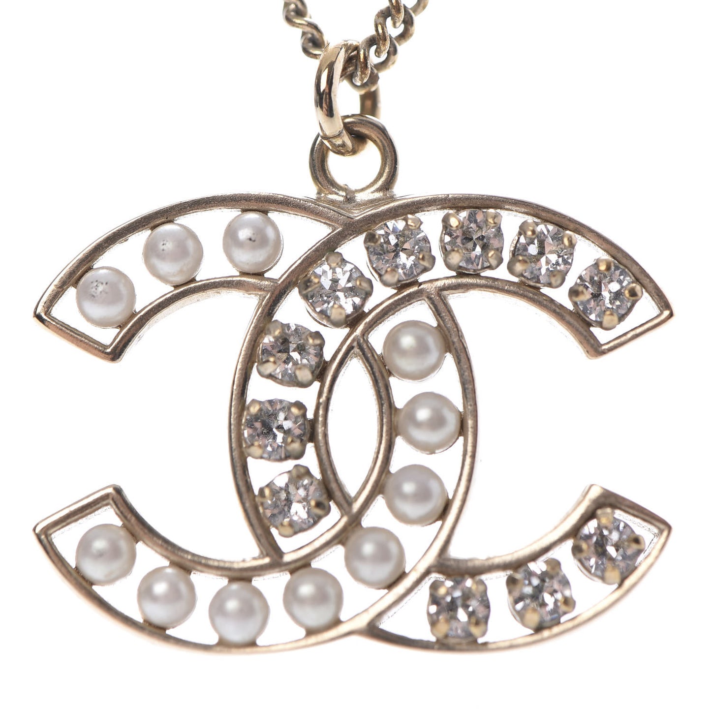 Pearl Crystal CC Pendant Necklace Gold