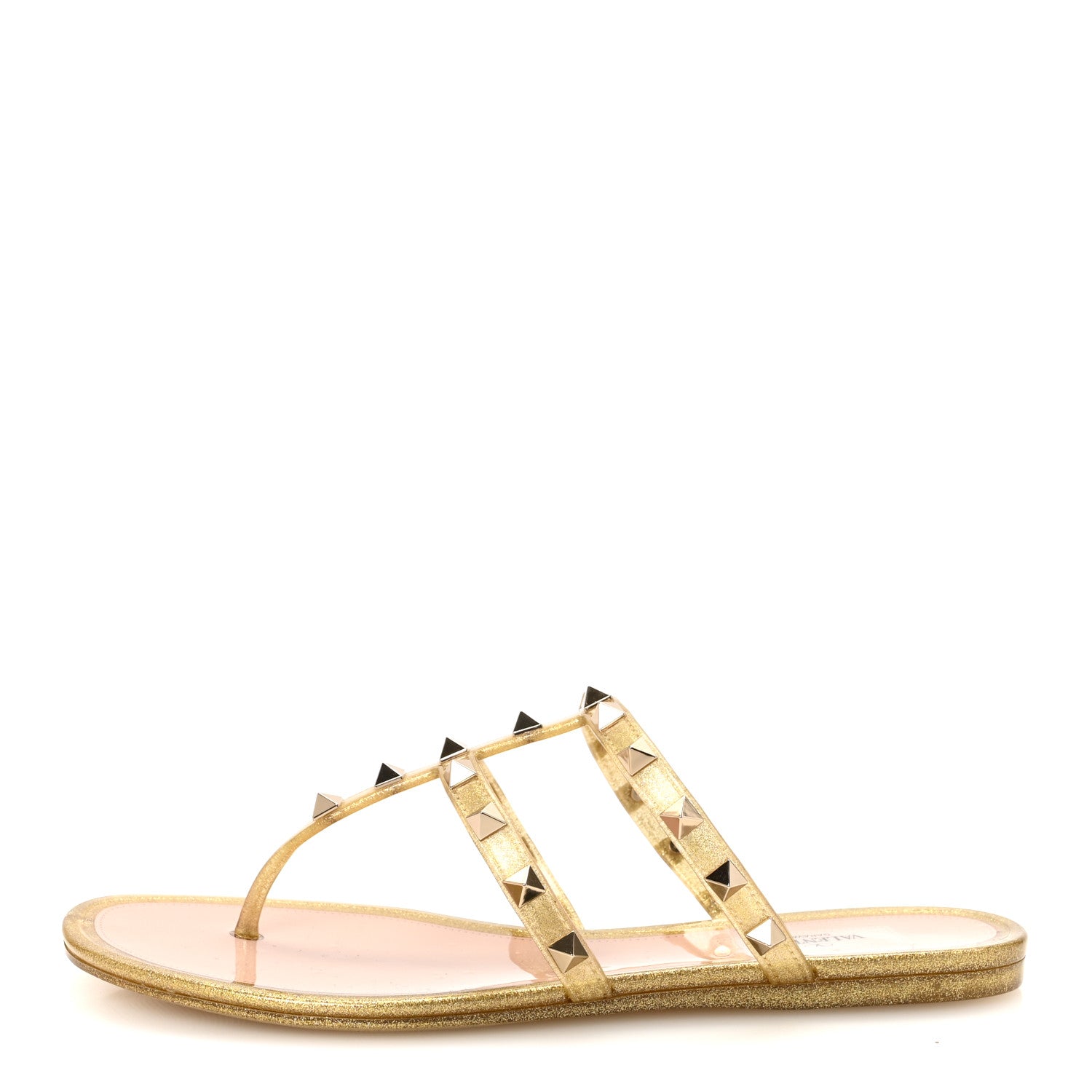 Valentino Garavani PVC Jelly Glitter Rockstud Caged Flat Thong Sandals 37 Oro 1 of 9