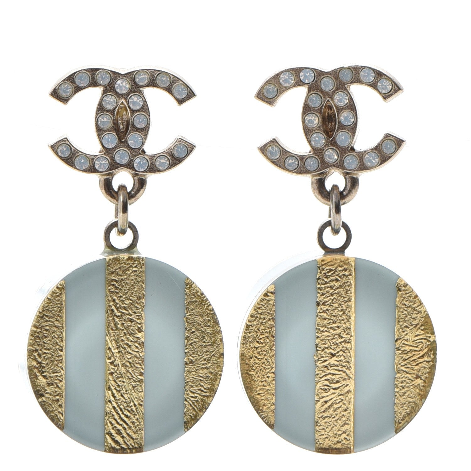 Chanel Resin Crystal Striped CC Drop Earrings Light Blue Gold 1 of 6