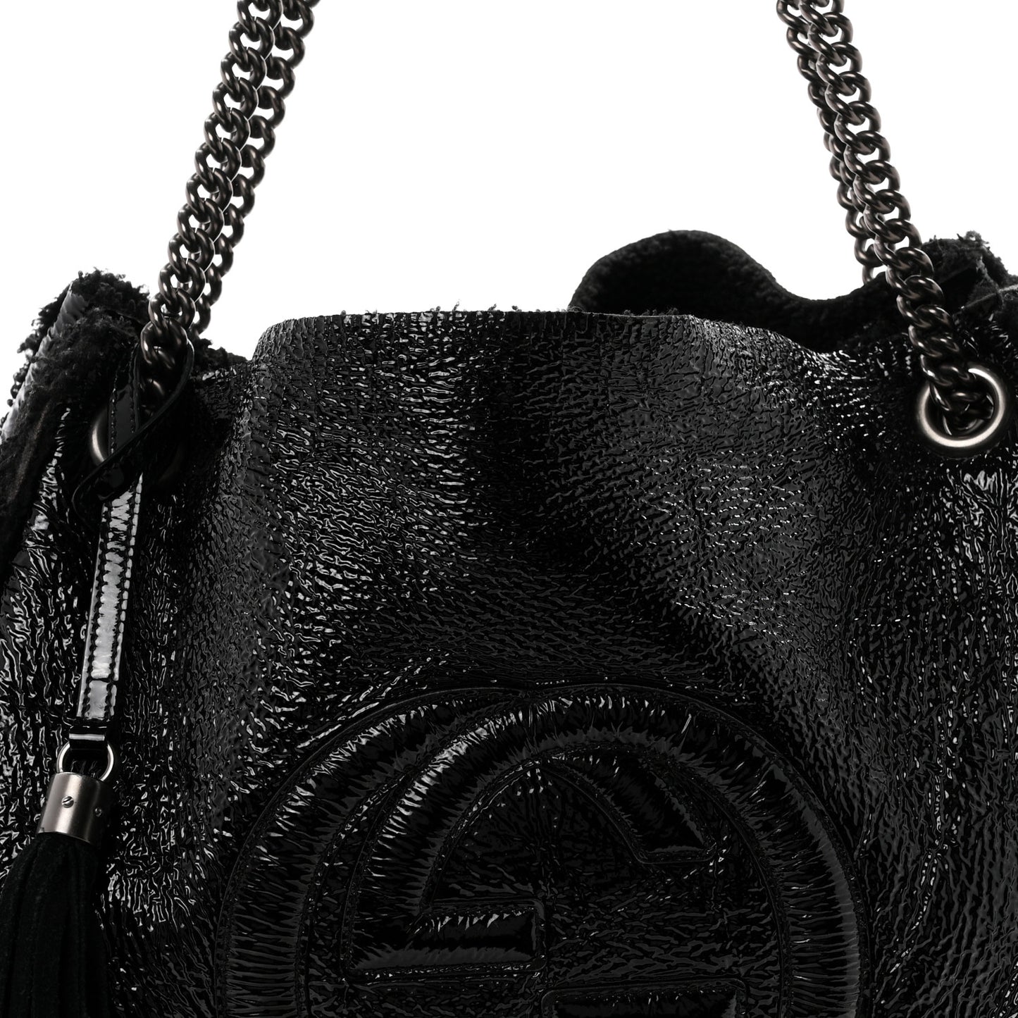 Patent Shearling Large Soho Chain Shoulder Bag Black