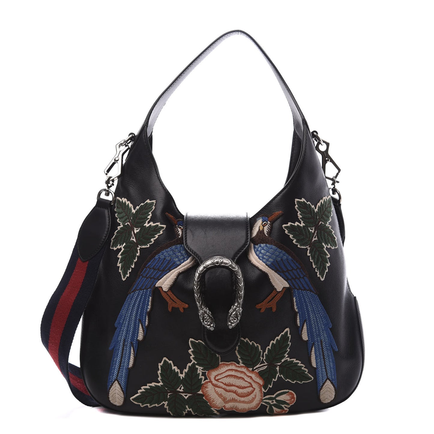 Calfskin Web Garden Collection Embroidered Medium Dionysus Hobo Black