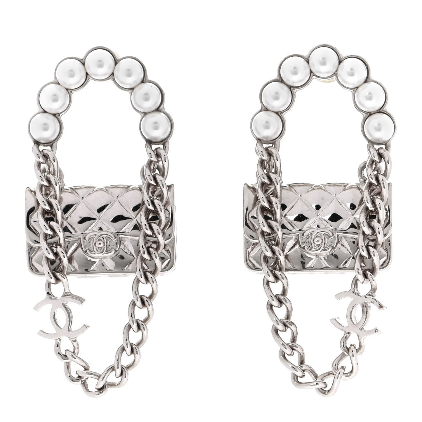 Metal Pearl Quilted CC Flap Bag Earrings Silver