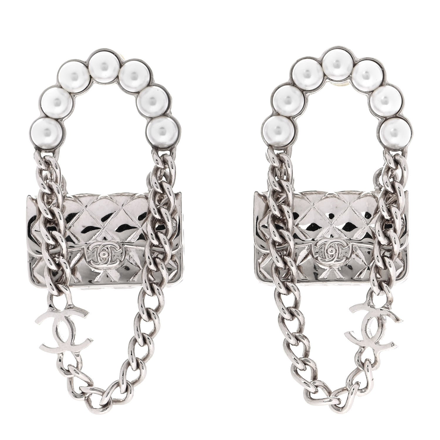 Chanel Metal Pearl Quilted CC Flap Bag Earrings Silver 1 of 3