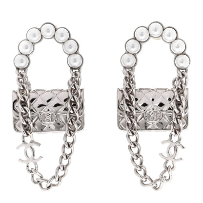 Chanel Metal Pearl Quilted CC Flap Bag Earrings Silver 1 of 3