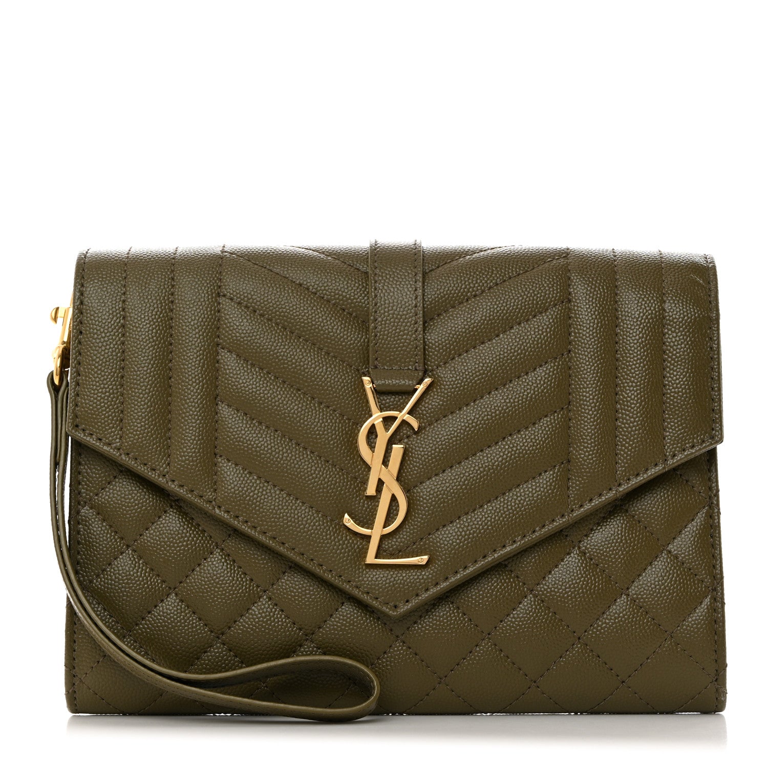 Saint Laurent Grain De Poudre Textured Mixed Matelasse Triquilt Monogram Clutch Vert Kaki 1 of 8