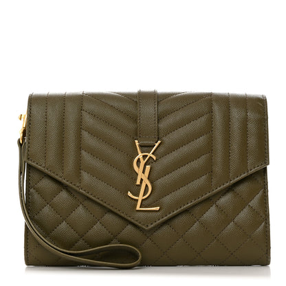 Saint Laurent Grain De Poudre Textured Mixed Matelasse Triquilt Monogram Clutch Vert Kaki 1 of 8
