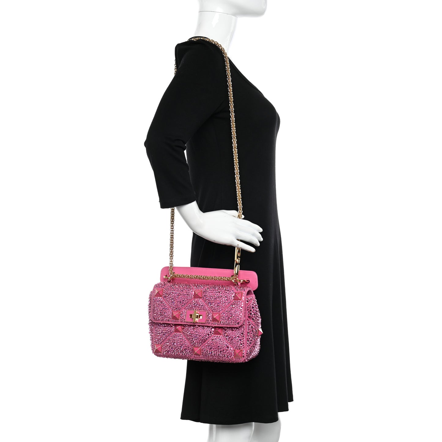 Crystal Suede Enamel Medium Roman Stud Shoulder Bag Pink PP