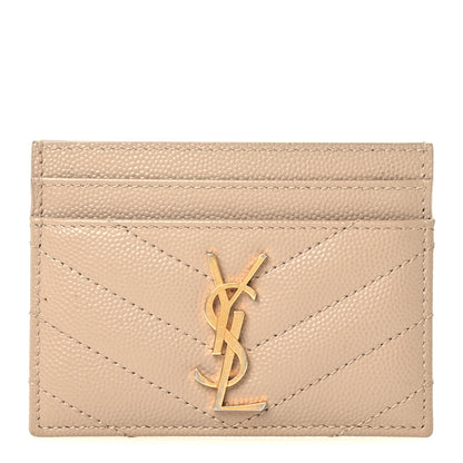 Saint Laurent Grain De Poudre Matelasse Chevron Monogram Credit Card Case Dark Beige 1 of 9
