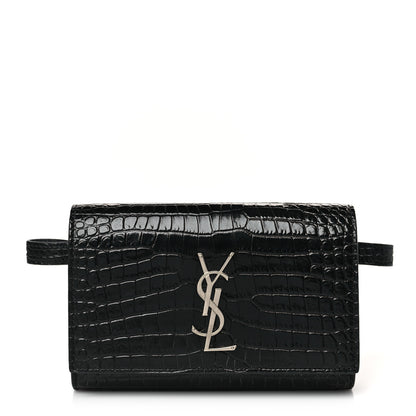Saint Laurent Calfskin Crocodile Embossed Monogram Kate Belt Bag Black 1 of 9
