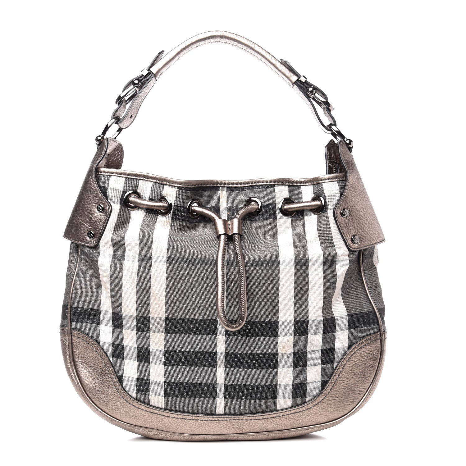 Burberry Metallic Calfskin House Check Hobo Pewter 1 of 13