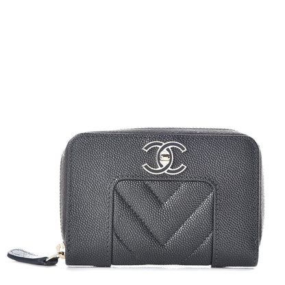 Chanel Metallic Caviar Chevron Quilted Vintage Mademoiselle Zip Coin Purse Dark Grey 1 of 10