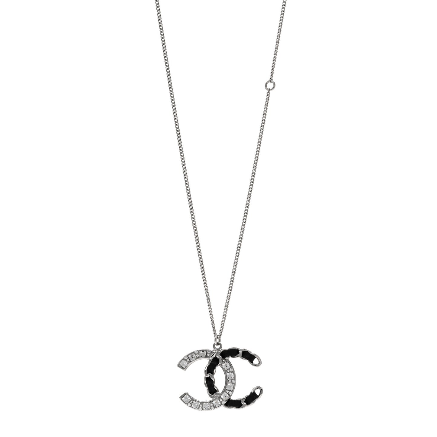 Lambskin Baguette Crystal CC Necklace Black Silver