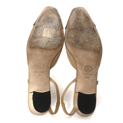Chanel Goatskin Grosgrain Cap Toe CC Slingback Pumps 37 Beige Black 6 of 9