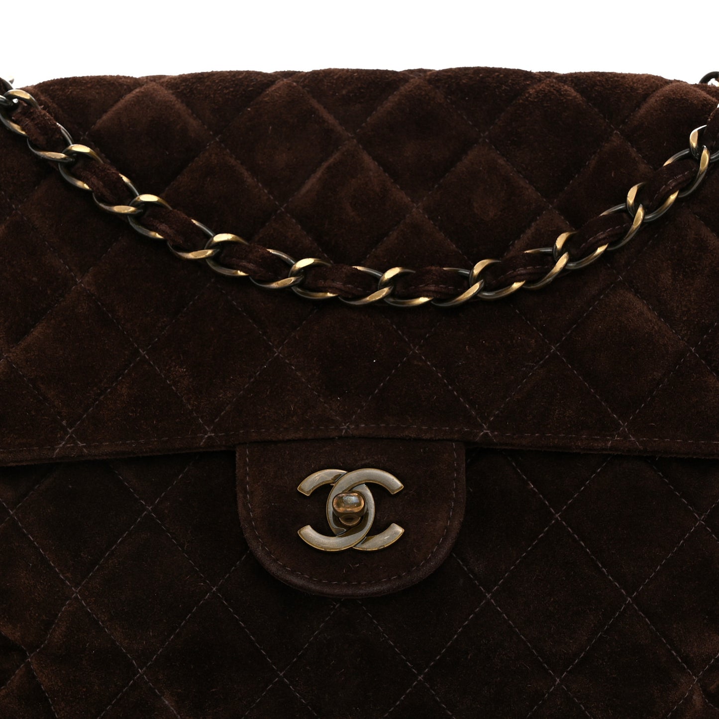 Suede Quilted Jumbo Single Flap Brown