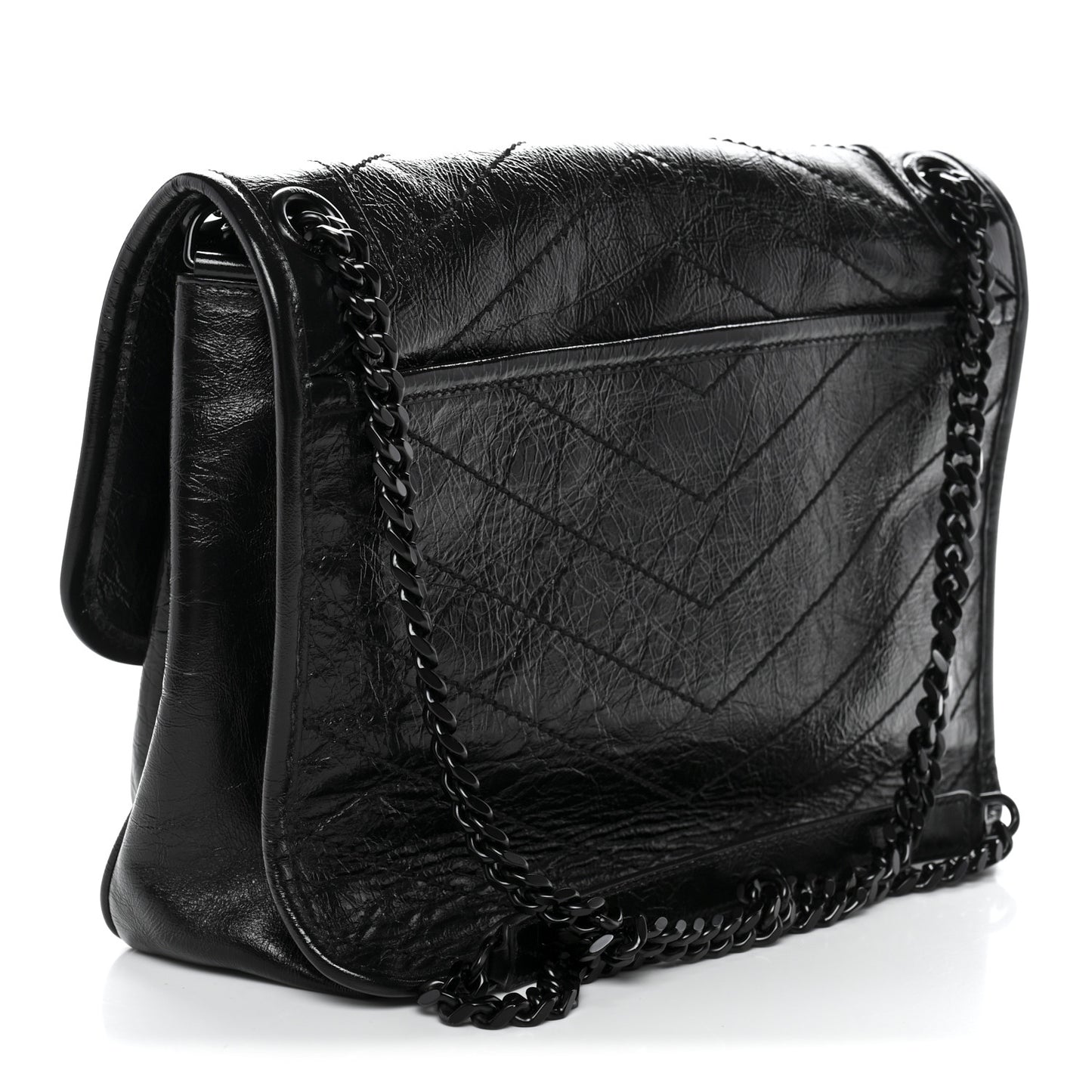 Crinkled Calfskin Matelasse Monogram Medium Niki Chain Satchel Black