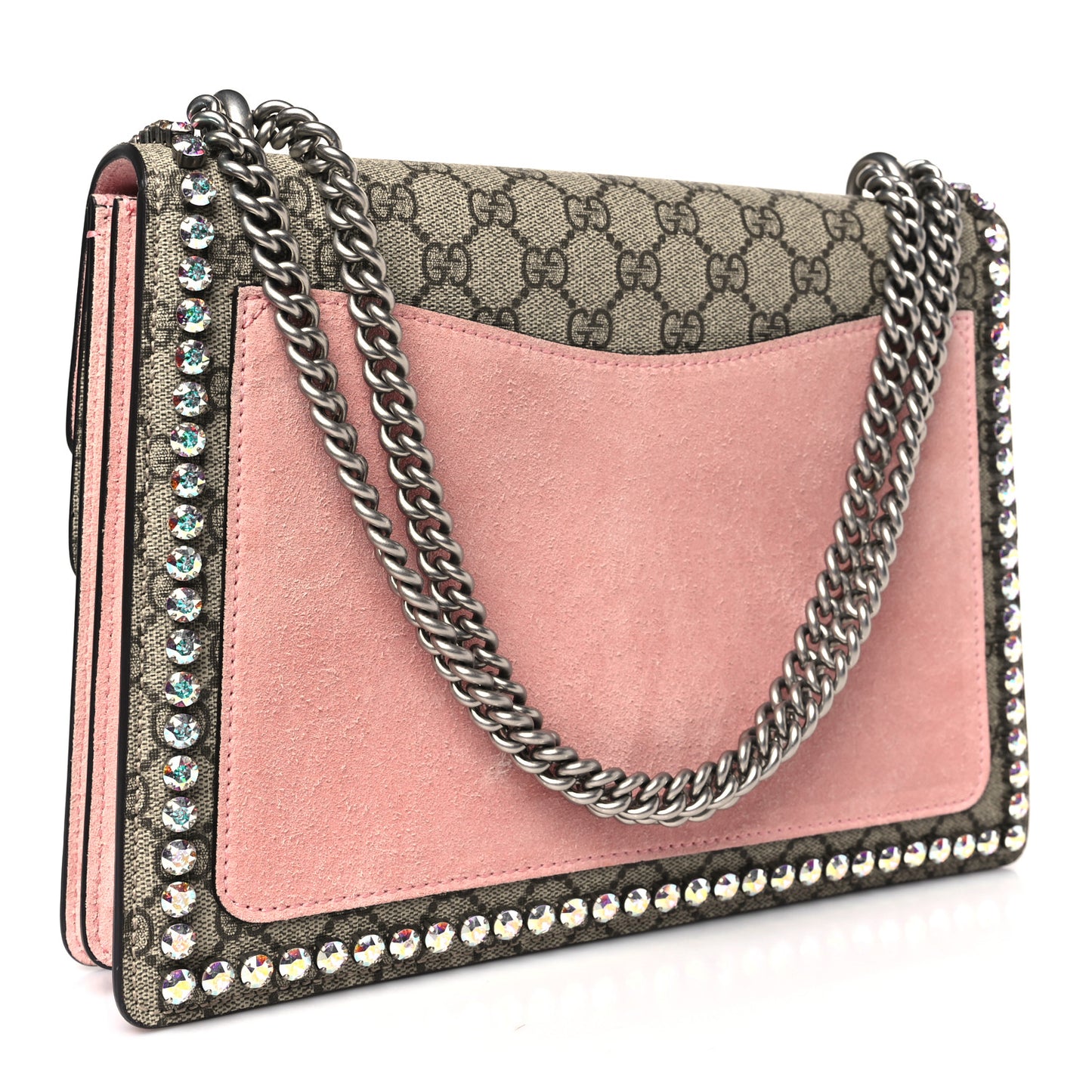 GG Supreme Monogram Suede Crystal Medium Dionysus Shoulder Bag Beige Ebony Light Peonia