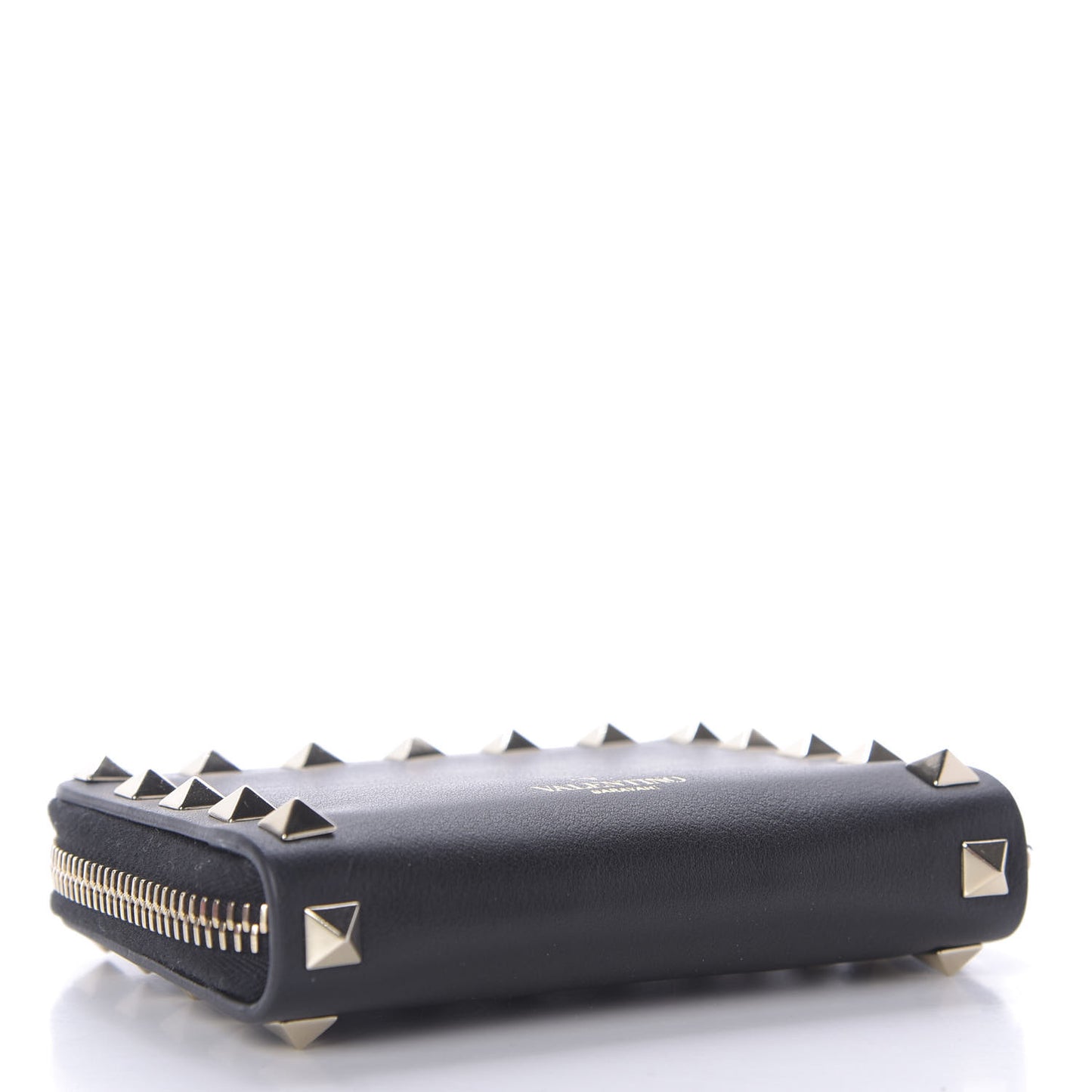 Calfskin Rockstud Zip Around Coin Case Card Holder Black