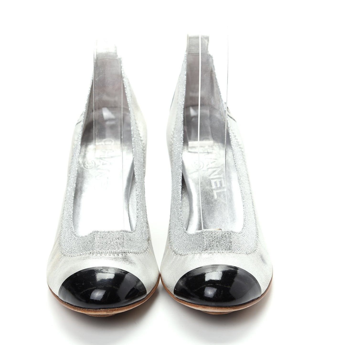 Metallic Lambskin Patent CC Elastic Stretch Pumps 36.5 Silver Black