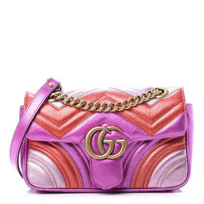Gucci Metallic Calfskin Matelasse Mini GG Marmont Shoulder Bag Fuchsia 1 of 11