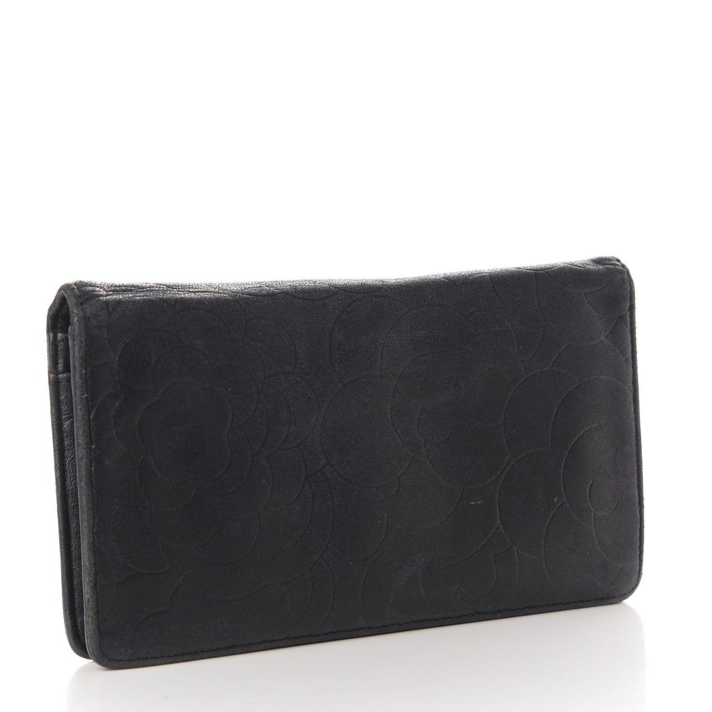 Lambskin Camellia Embossed Yen Wallet Black