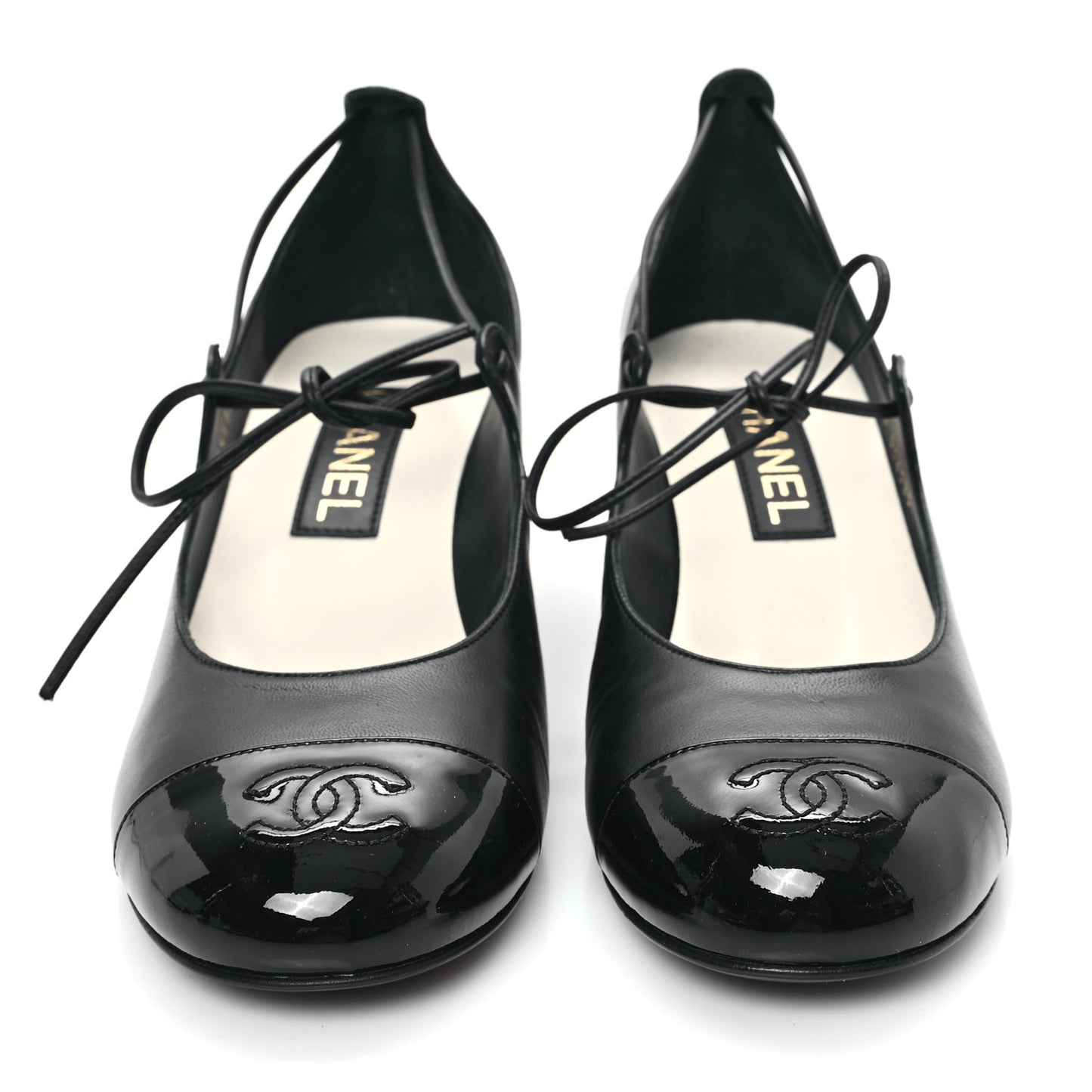 Lambskin Patent Cap Toe CC Mary Jane Pumps 39 Black