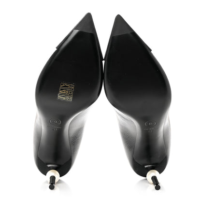Chanel Shiny Calfskin Grosgrain Cap Toe CC Pearl Pumps 41 Black 5 of 9