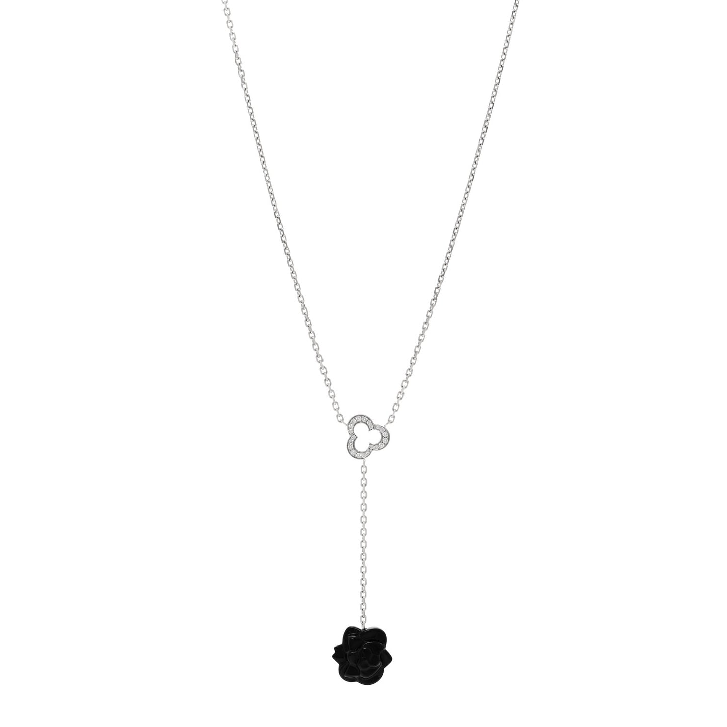18K White Gold Diamond Black Onyx Camelia Sculpte Drop Pendant Necklace