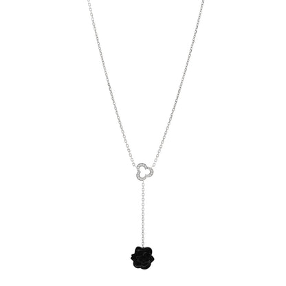 Chanel 18K White Gold Diamond Black Onyx Camelia Sculpte Drop Pendant Necklace 1 of 5
