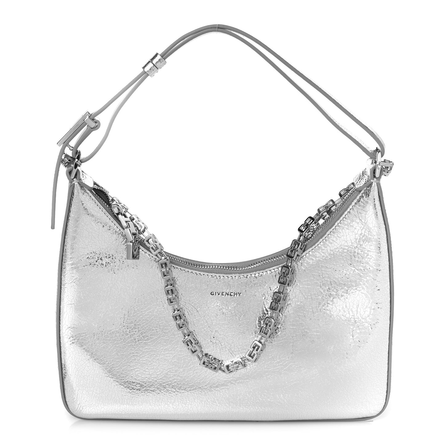 Metallic Lambskin Small Moon Cut Out Shoulder Bag Silvery