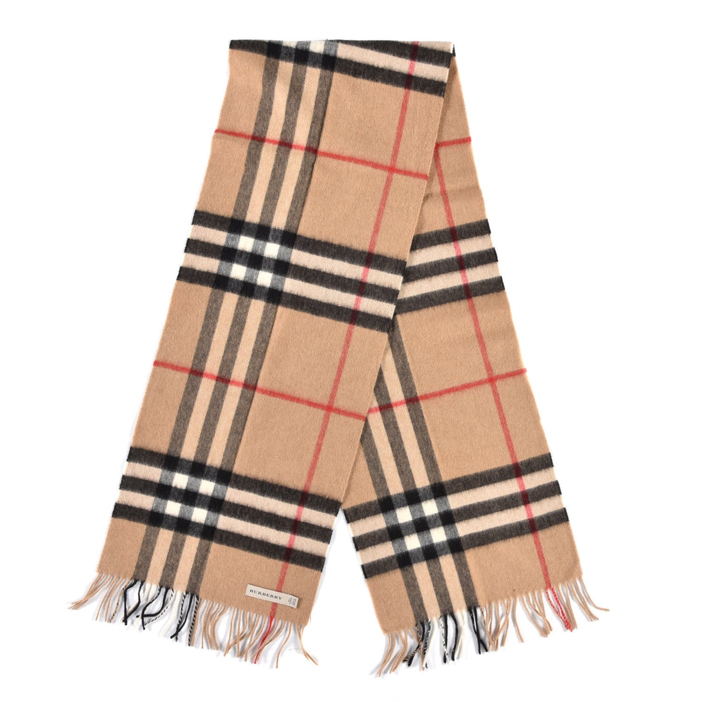 Cashmere Giant Check Fringe Scarf Camel
