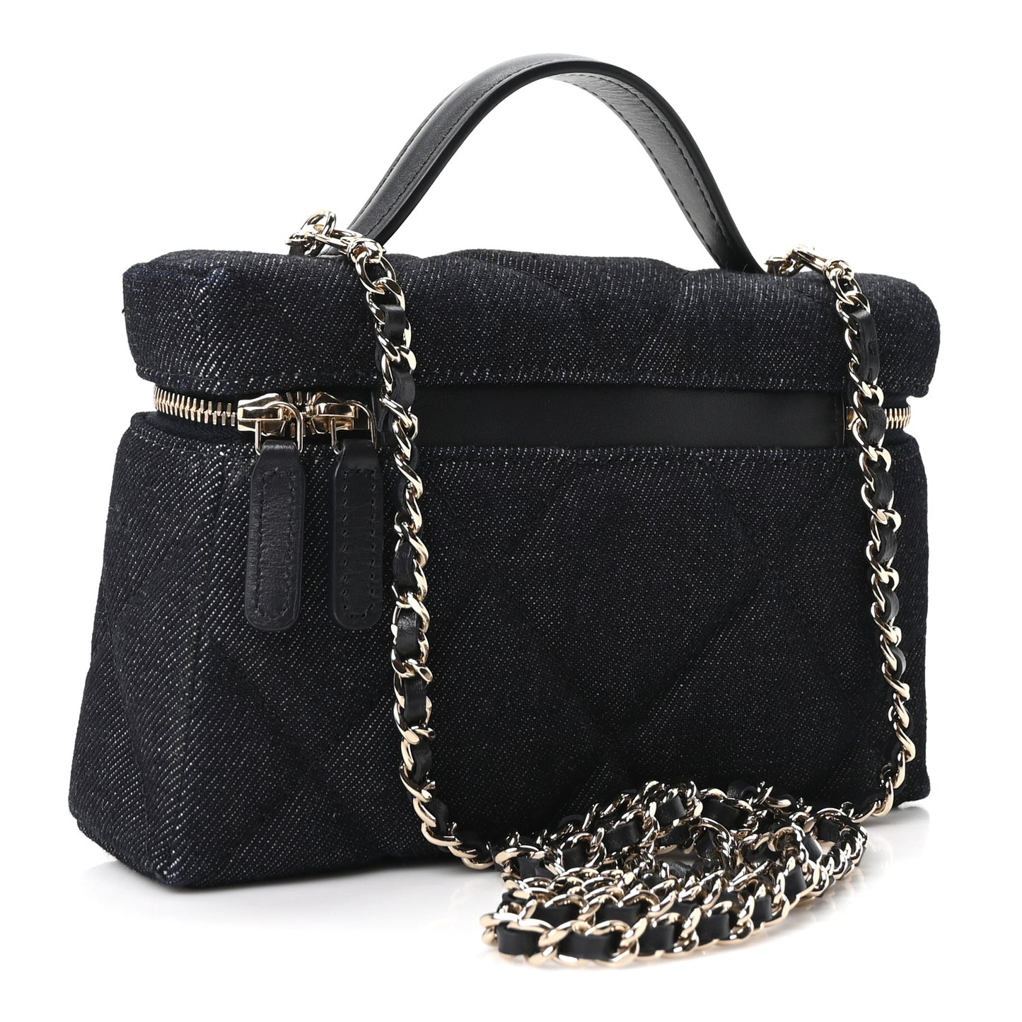 Denim Quilted Top Handle Slim Vanity Case With Chain Dark Blue