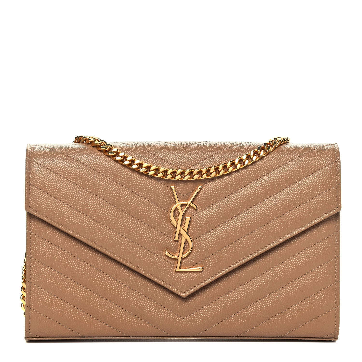 Saint Laurent Grain De Poudre Matelasse Chevron Monogram Chain Wallet Deep Beige 1 of 9