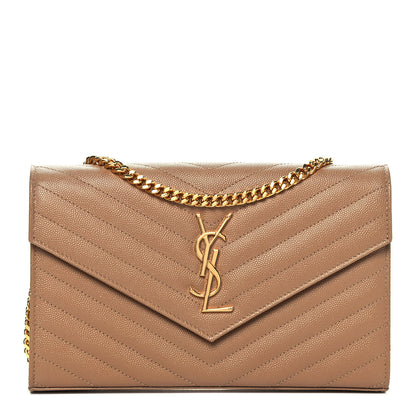 Saint Laurent Grain De Poudre Matelasse Chevron Monogram Chain Wallet Deep Beige 1 of 9