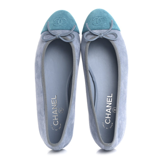 Suede Calfskin Cap Toe CC Ballerina Flats 39.5 Light Blue Turquoise