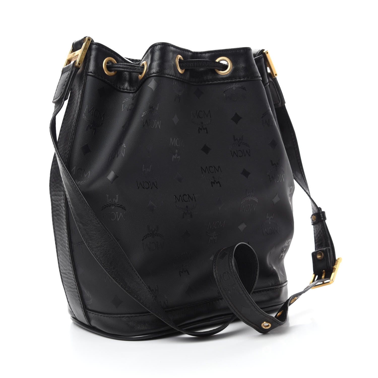 MCM Nylon Monogram Drawstring Bucket Bag Black 3 of 10