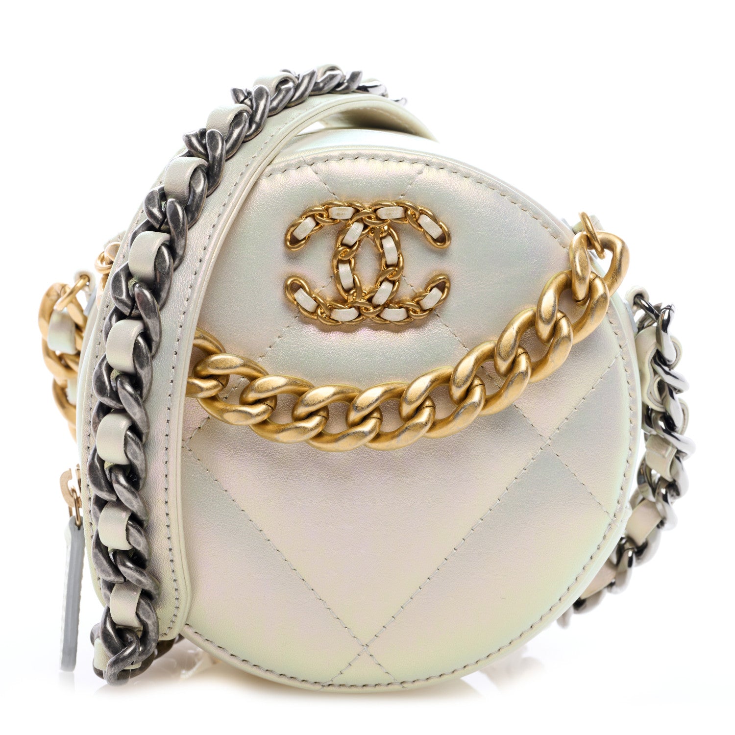 Chanel Iridescent Lambskin Quilted Chanel 19 Round Clutch With Chain Ivory 1 of 7