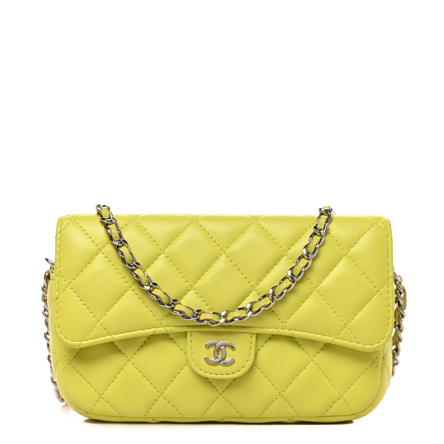 Lambskin Quilted Flap Phone Holder With Chain Yellow