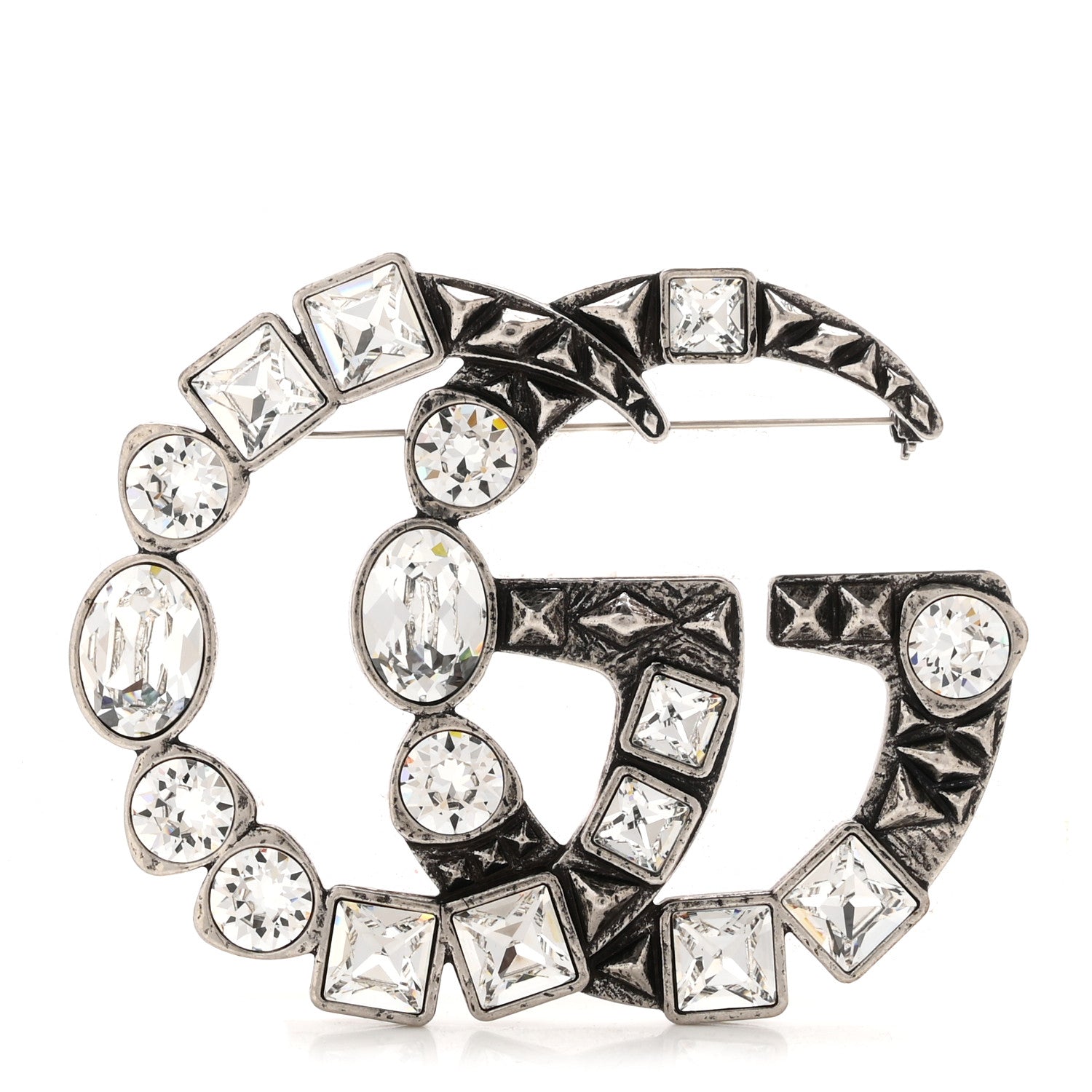 Gucci Metal Crystal Double G Brooch Silver 1 of 3