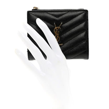 Saint Laurent Grain De Poudre Matelasse Chevron Monogram Zipped Card Case Black 2 of 6