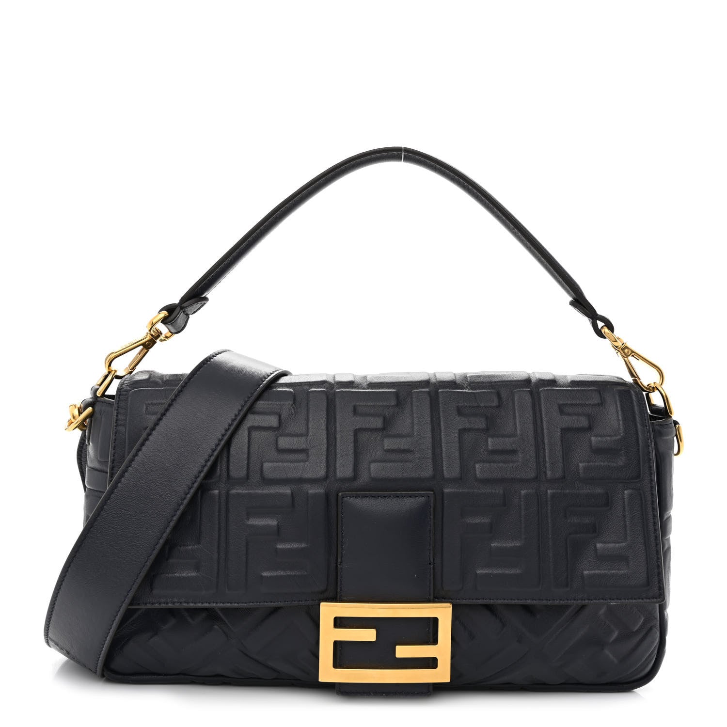 Fendi Nappa FF 1974 Embossed Large Baguette Midnight 1 of 9