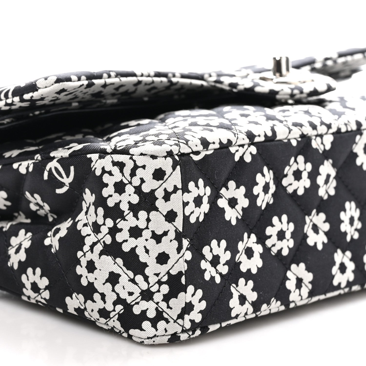 Chanel Canvas Floral Printed Quilted Medium Double Flap Black White 9 of 10